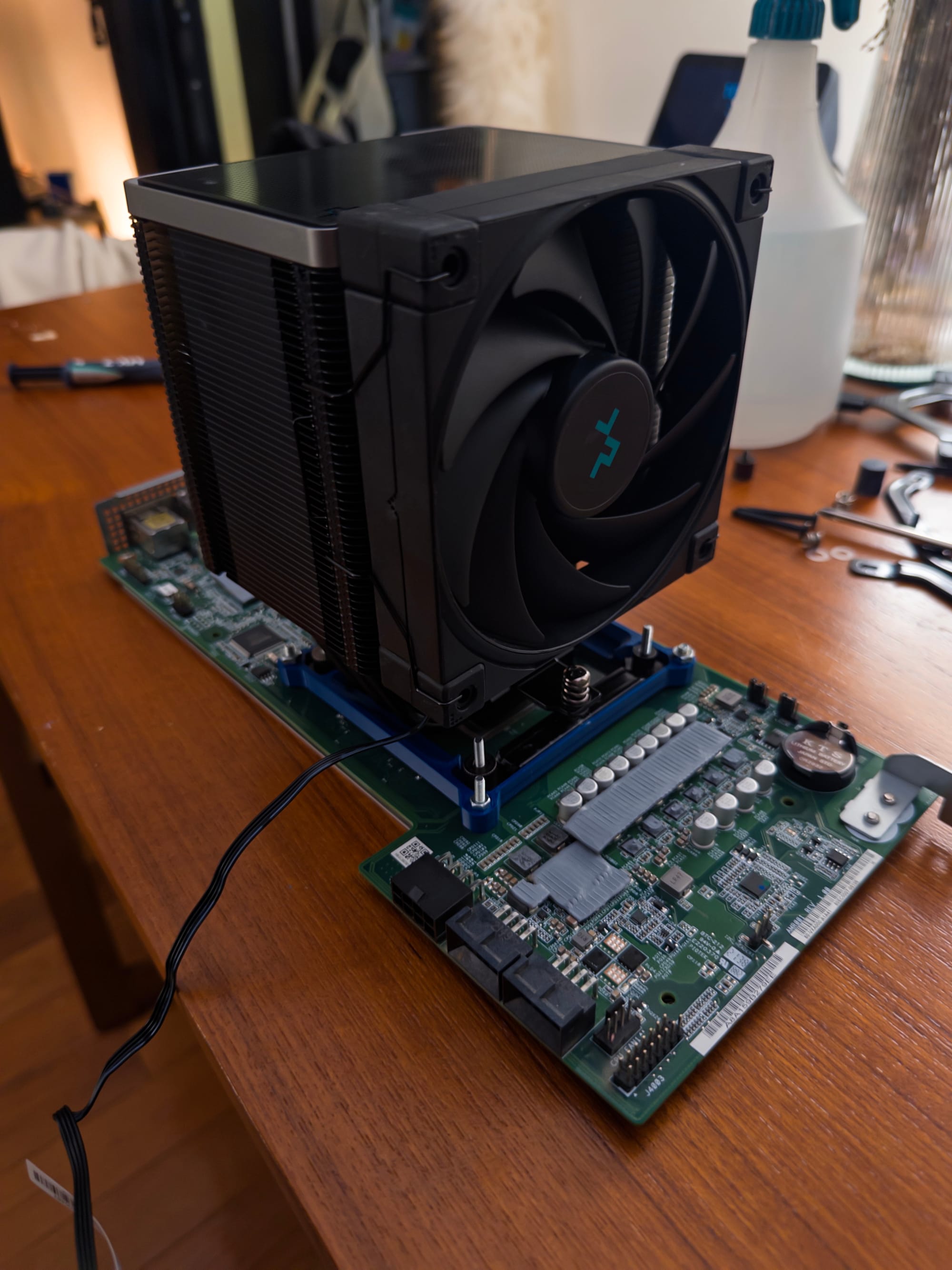 A card with a big cooler on it.