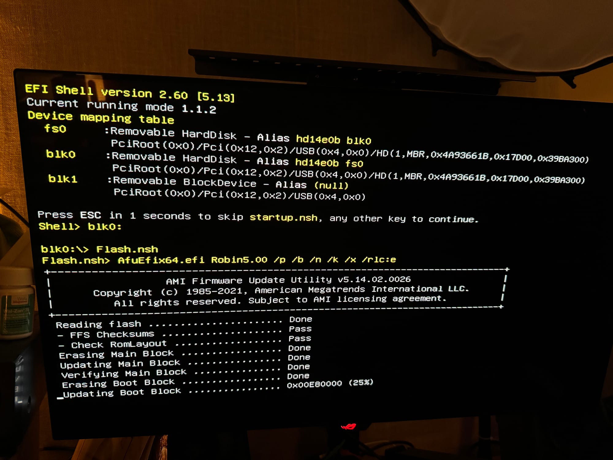 Text showing the EFI shell installing custom bios.