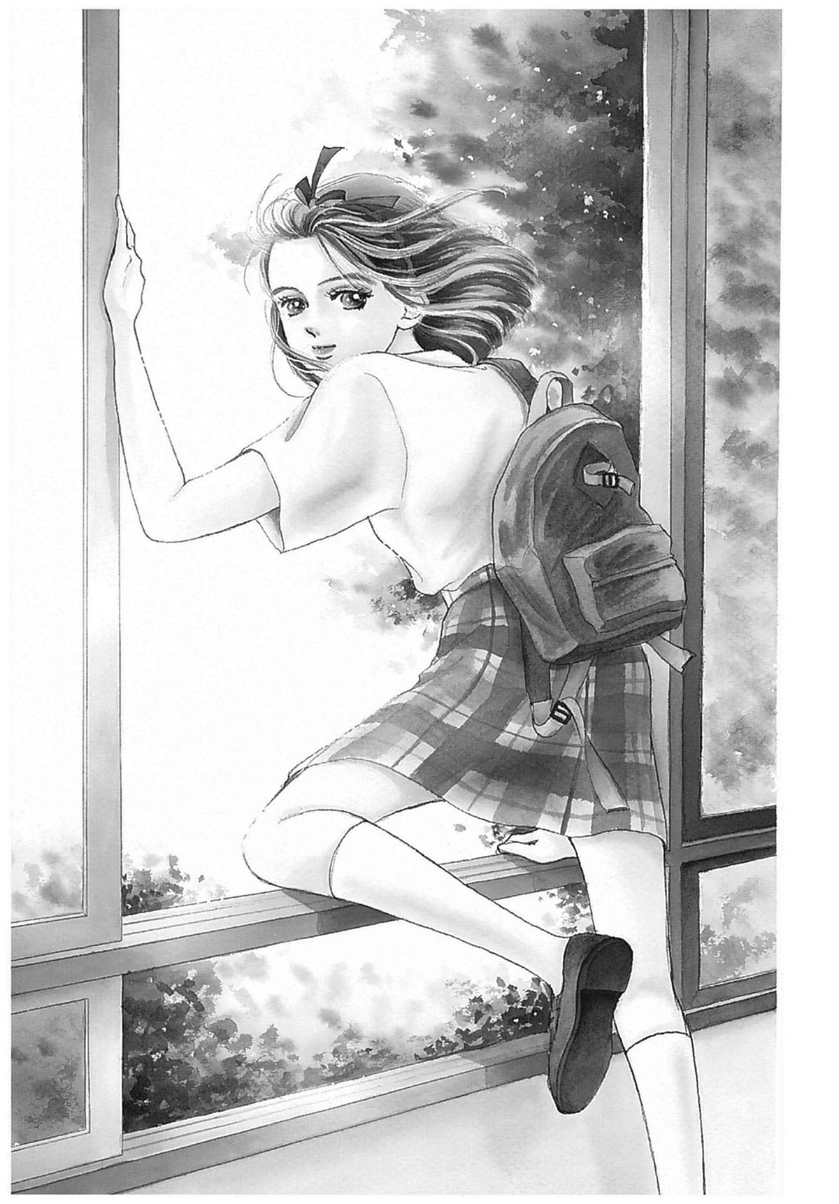 I'm No Angel manga panel of Midori climbing out of a window.