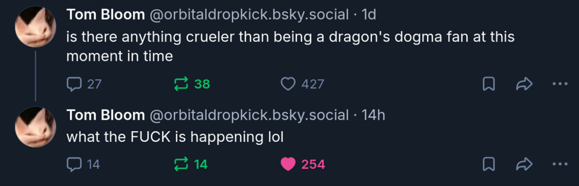 First post:is there anything crueler than being a dragon's dogma fan at this moment in time. Second post, much later after the reveal: what the FUCK is happening lol