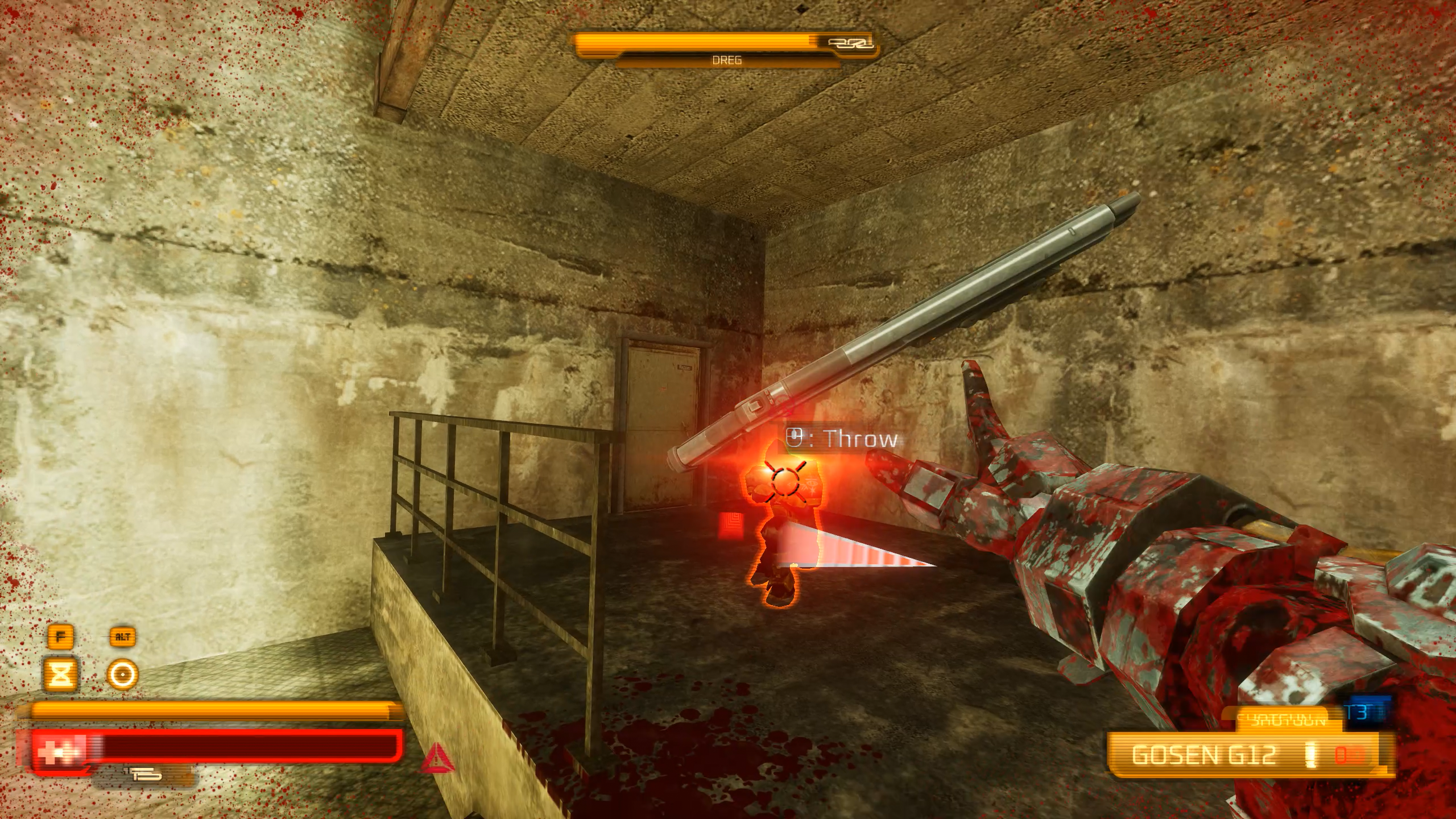 Your character in the game SPRAWL zero whipping a shotgun at a dude.