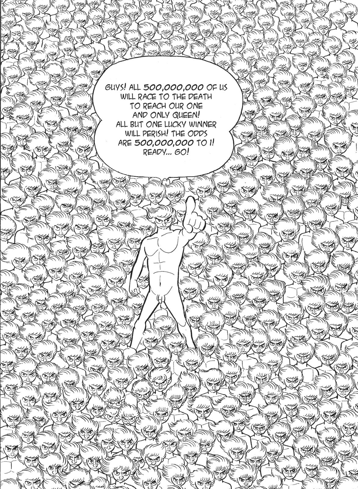 A sea of men-shaped sperm gathering before racing to the egg.