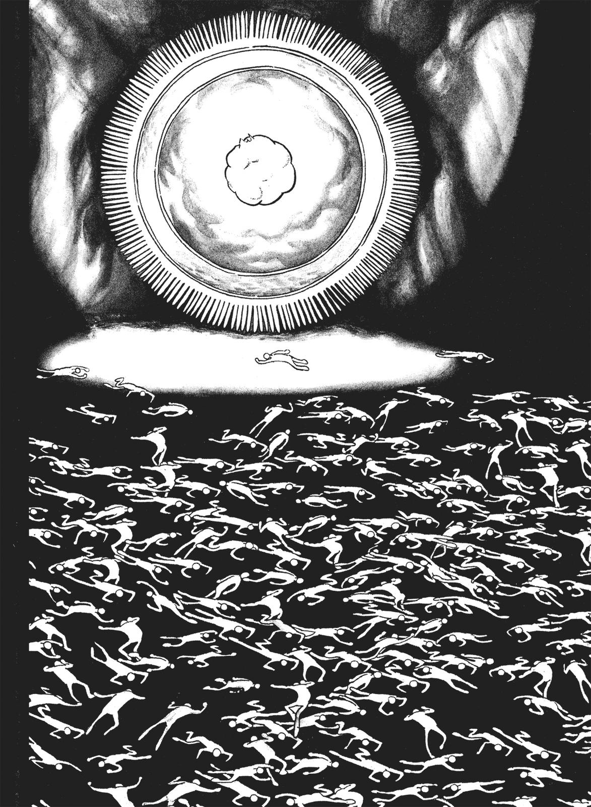A pile of dead bodies beneath a fertilized embryo.