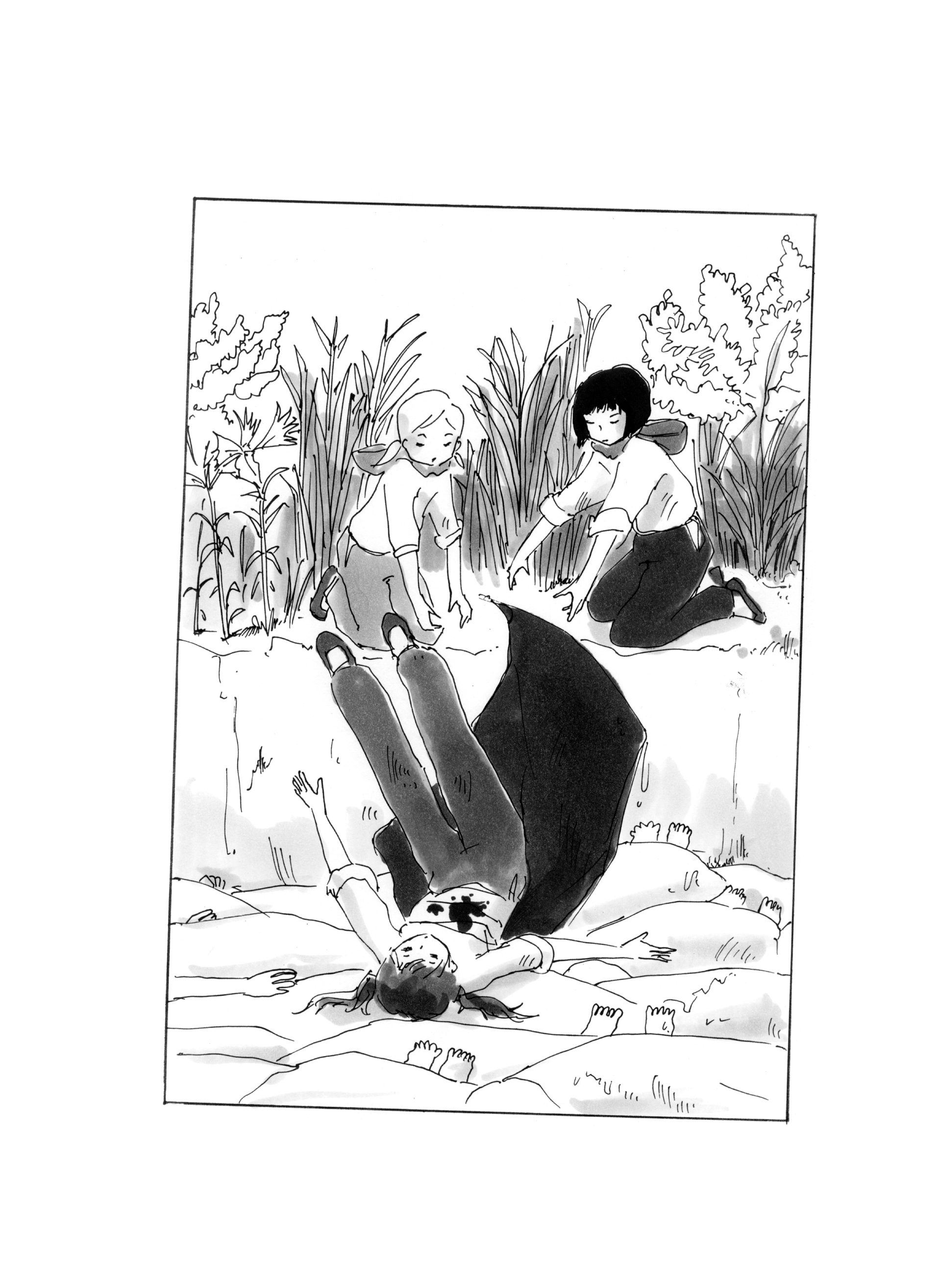 Mayu ans San dropping a friend onto a pile of dead soldiers. 