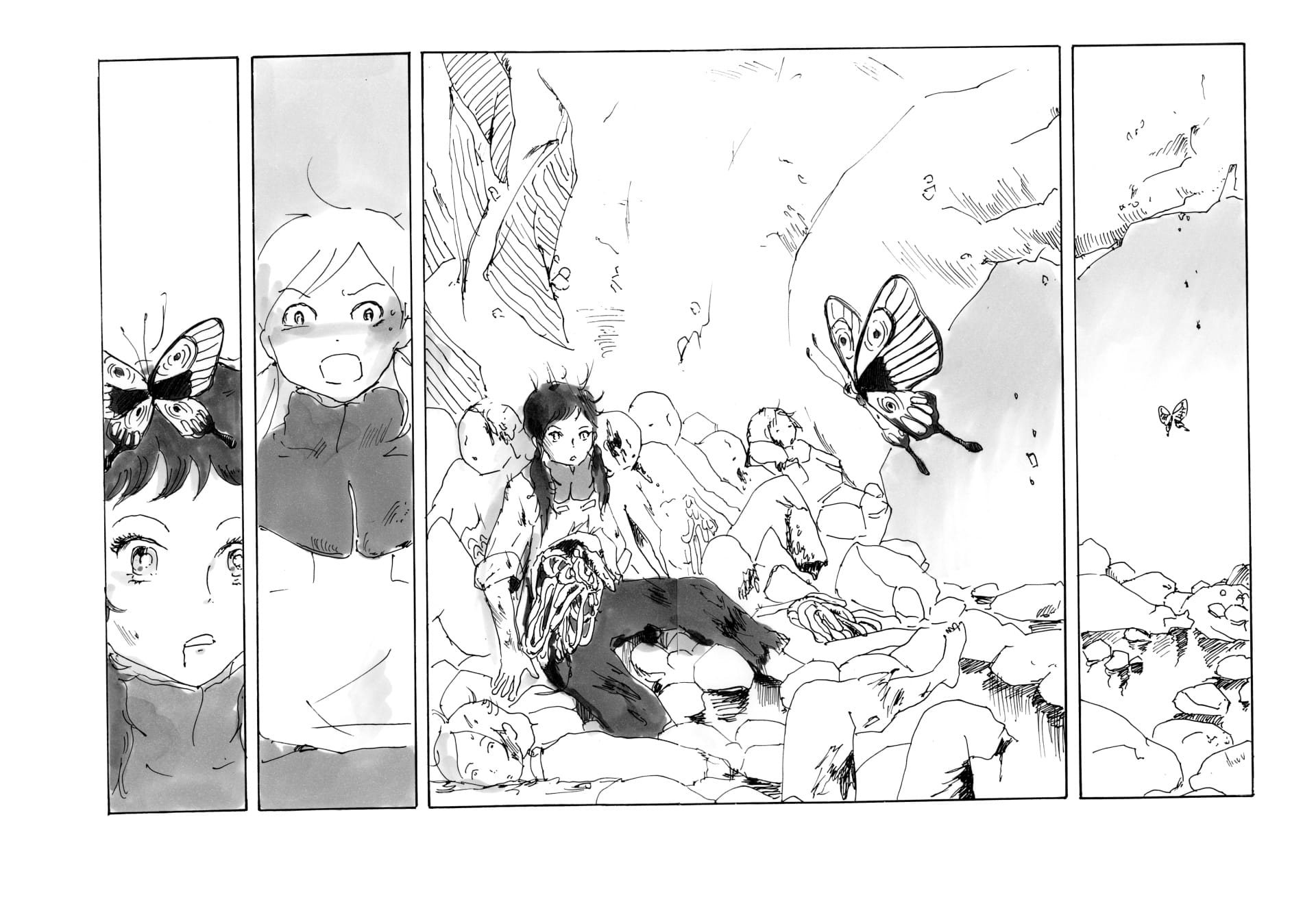 Cocoon double spread of a disembowel girl atop a pile of dead bodies. 