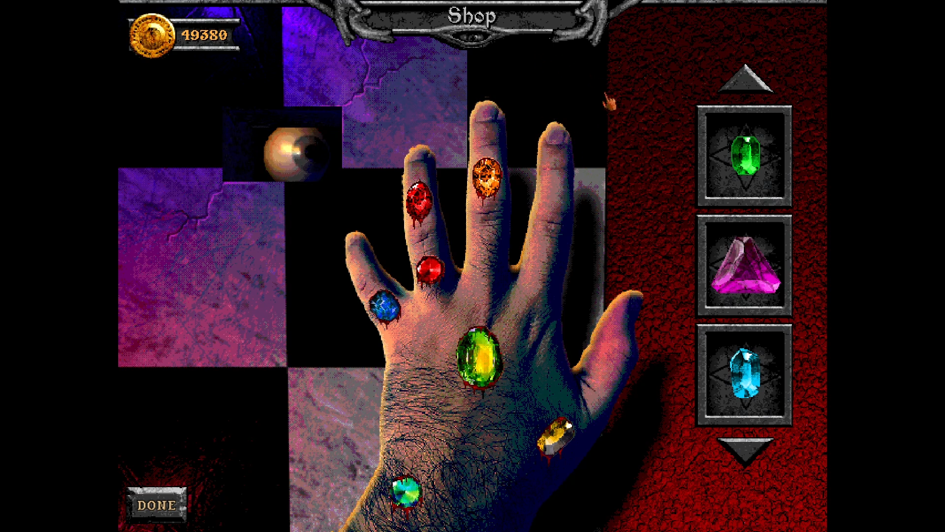 A screenshot from Forbidden Solitaire, in which a hairy left hand is held against a checkered surface with jewels painfully embedded in the hand