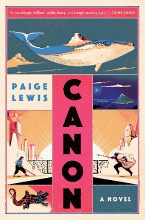 The cover for the novel Canon by Paige Lewis, which depicts a flying whale, a newt changing from blue to pink, and two figures about to launch into battle.