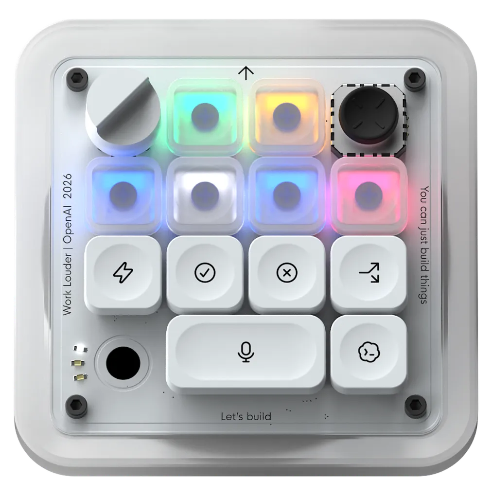 A macropad in white with 11 keys, a knob, and a joystick on it. It says "you can just build things", "let's build" and "Work Louder | OpenAI 2026". Half the keys are dimpled PBT and the others are illuminated RGB Polycarbonate.