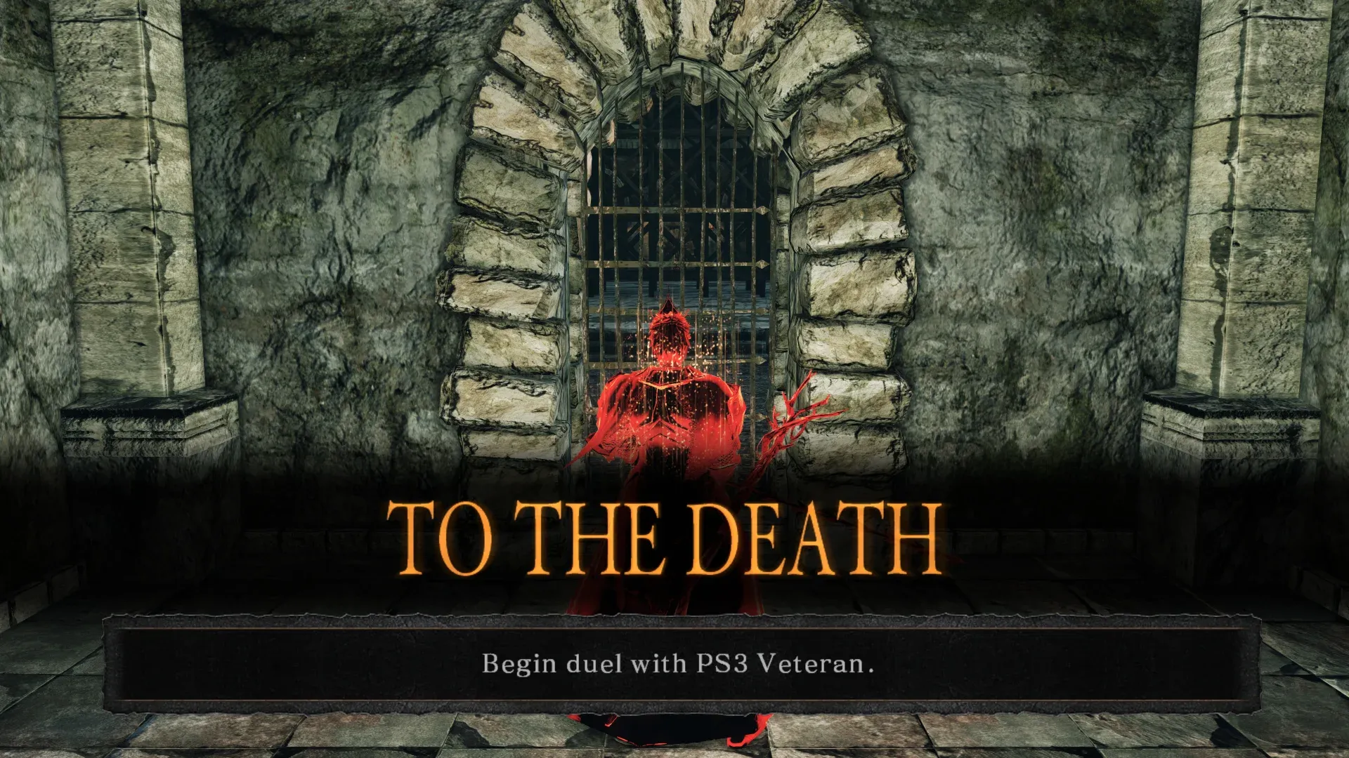 A PvP screen that says "to the death" and "begin duel with PS3 Veteran"
