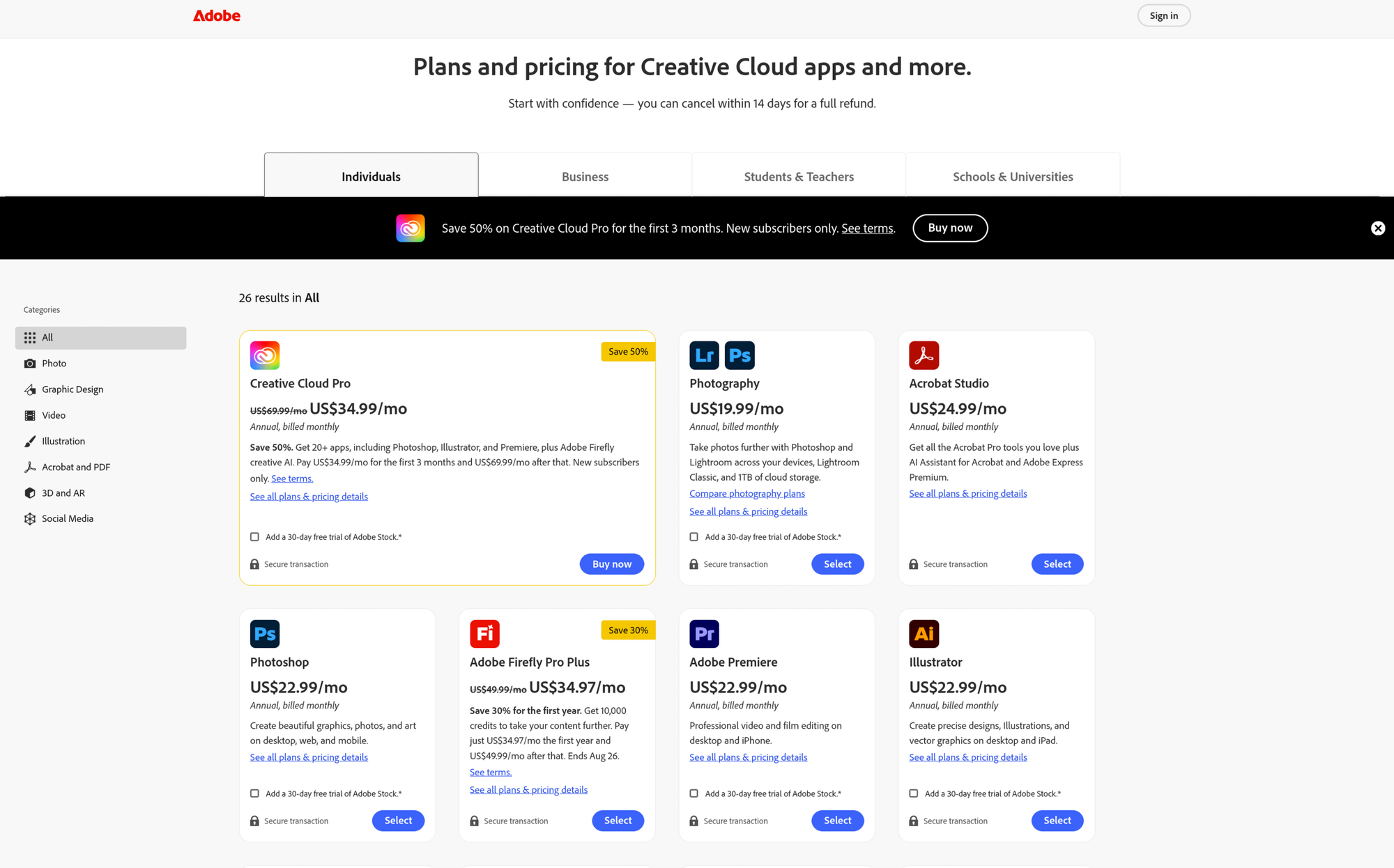 A listing showing all the various apps you can get from Adobe, and their monthly cost.