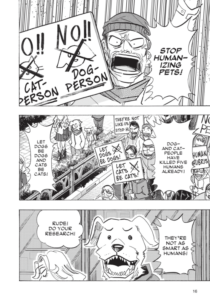 Taika's Reason manga page of a protest over humanized animals. 