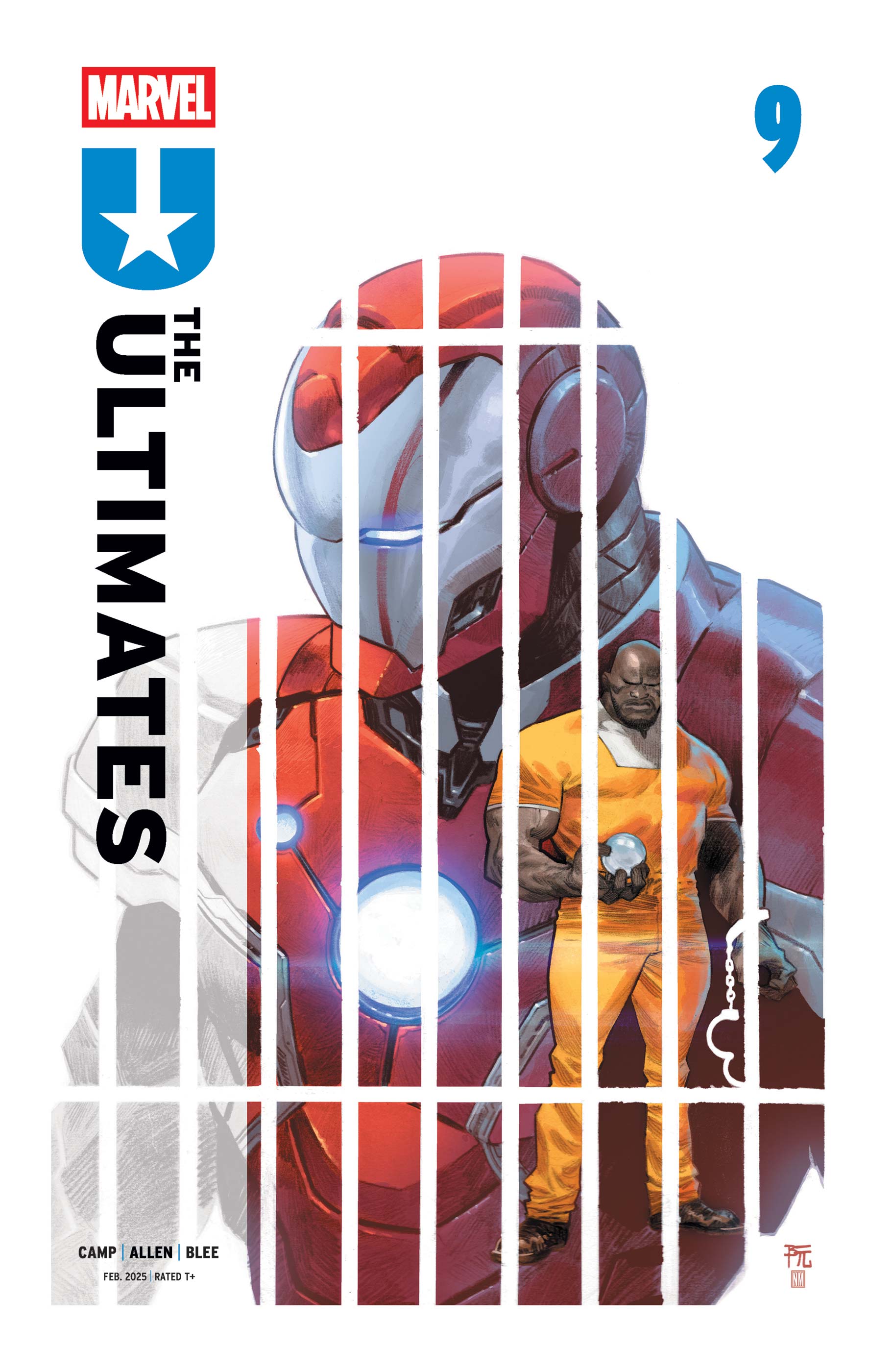 A comic book cover styled to look like white prison bars, behind which stand Luke Cage in a prison jumpsuit with Iron Lad superimposed over him