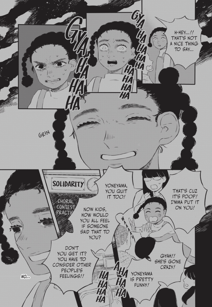 Half Is More manga page of Kazumi reminiscing over racism she faced in grade school.