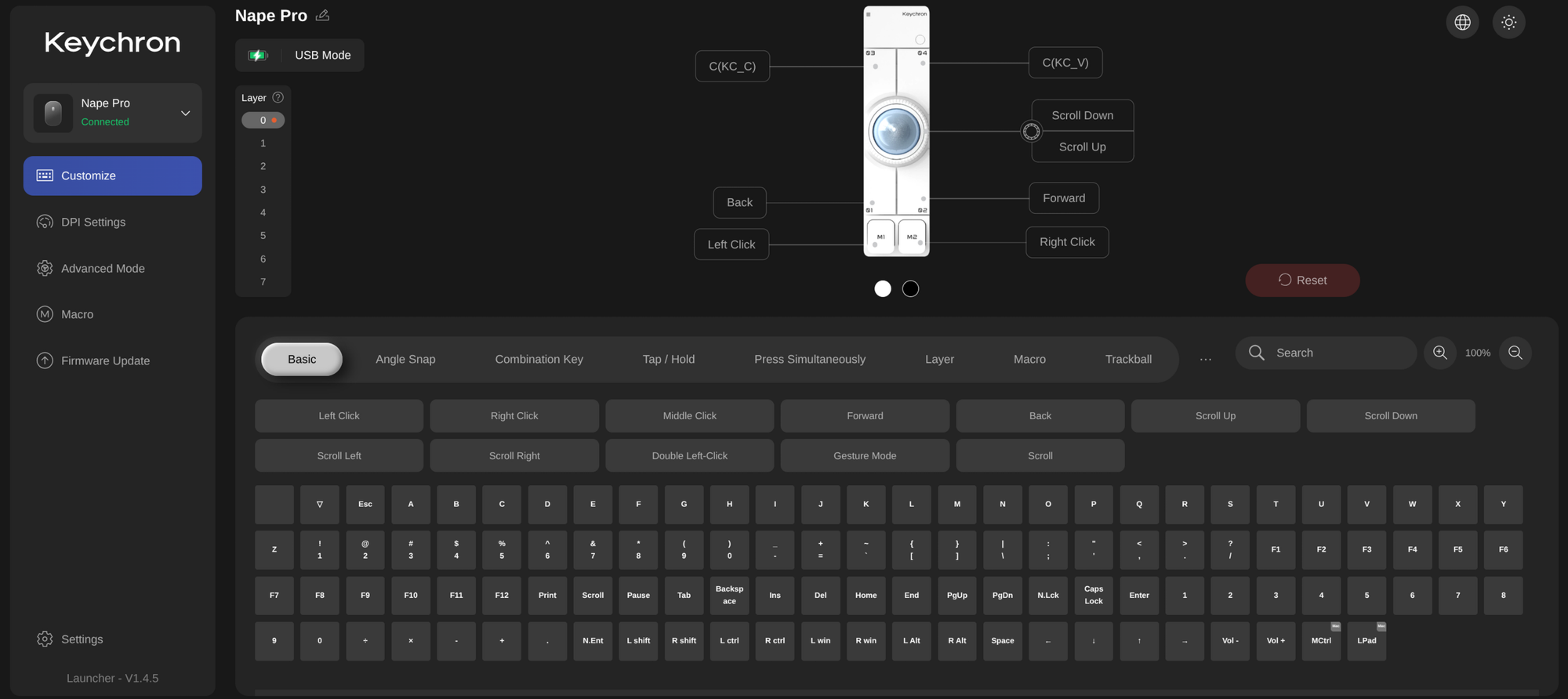 A UI showing how the Nape Pro can be programmed and my current layout.