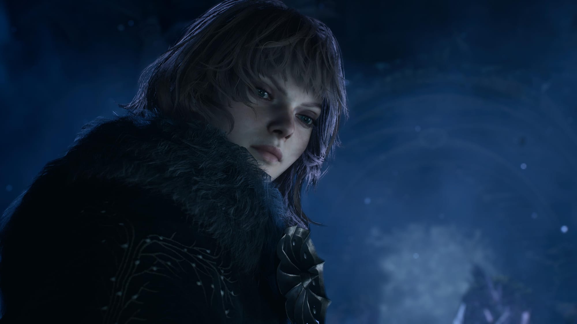 A female warrior with kinda androgynous looking hair looks at you with a sense of melancholy.