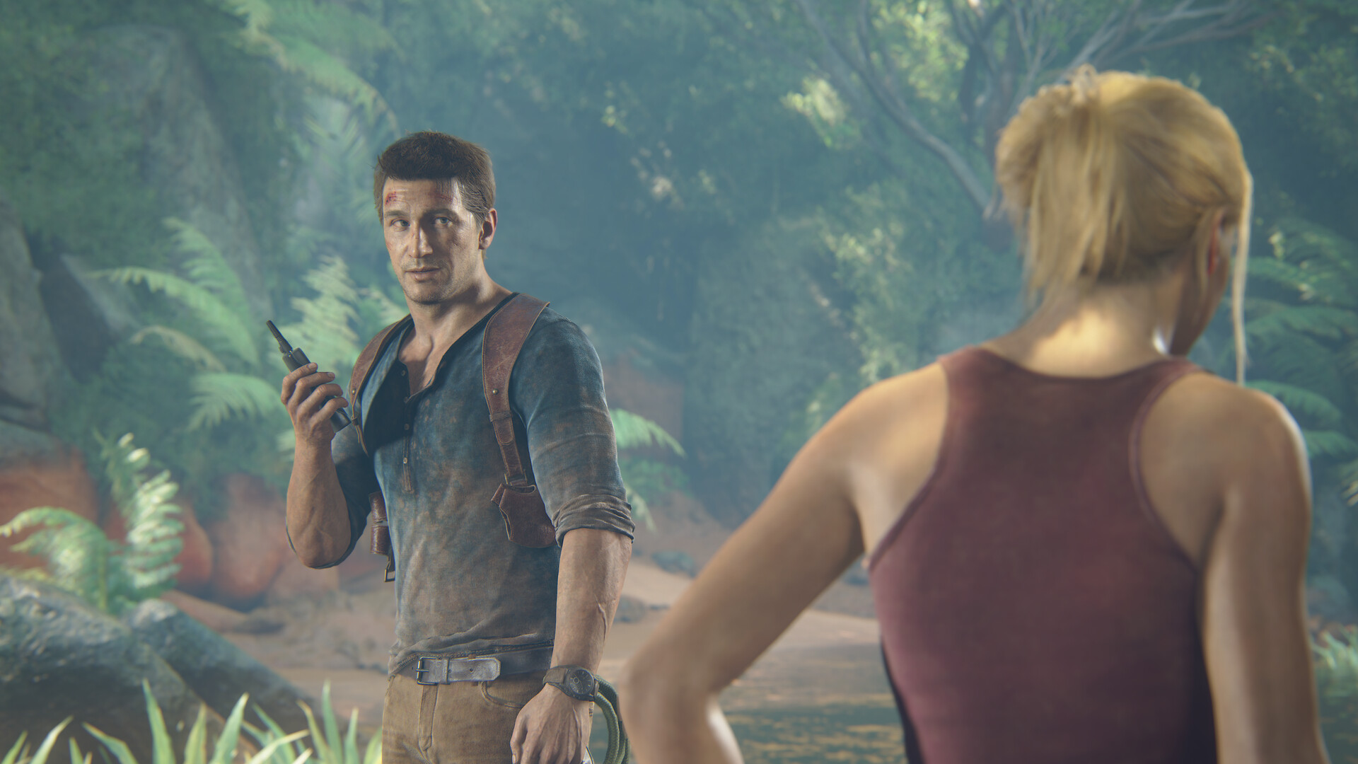 Uncharted 4 still of Nathan Drake and Elena Fisher.