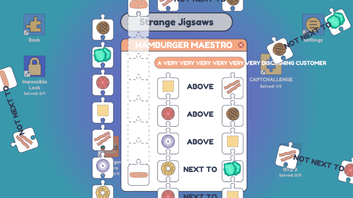 A desktop in Strange Jigsaws in which the player is tasked with sorting burger pieces