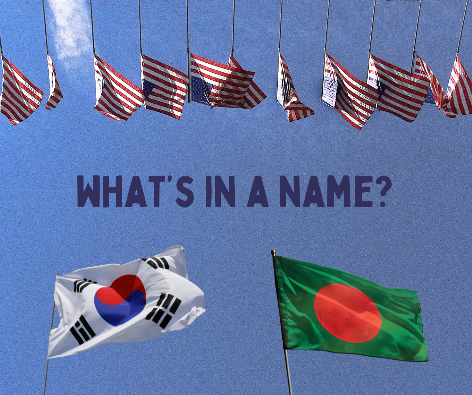 Blue background with American flags lining the top. One Korean flag and one Bangladeshi flag on bottom