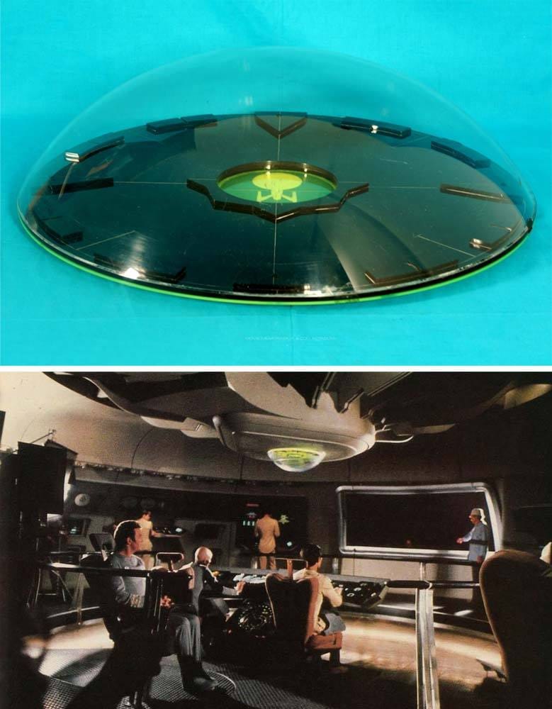Top panel is a green dome with a time Enterprise in the center. Bottom panel is a BTS pic of the Enterprise bridge during filming. 