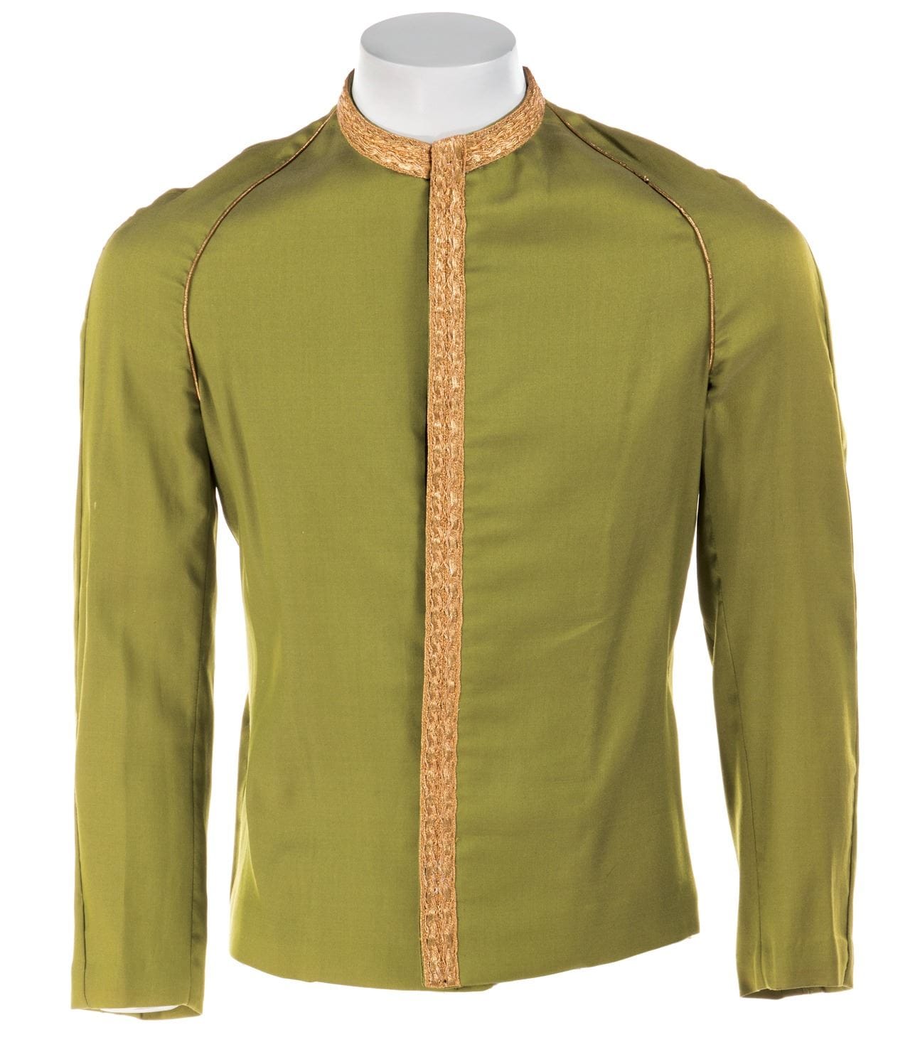 A shinny green tunic with gold trimming down the center. 