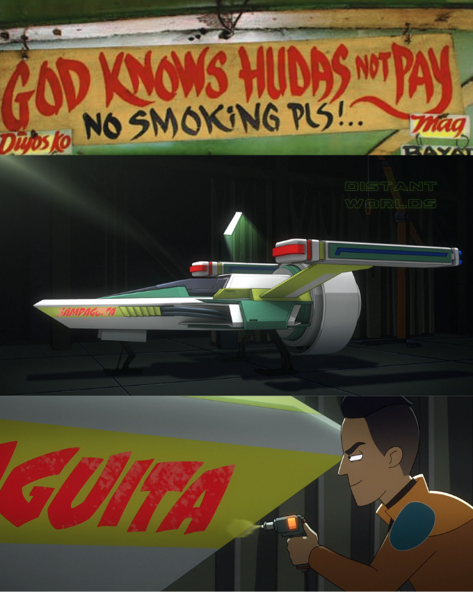 Alt-text:  Collage of a hand-painted sign, a futuristic spacecraft, and Rutherford modifying the spacecraft.  Transcribed Text:  "God Knows Hudas Not Pay No Smoking Pls!..." "Distant Worlds" "GUITA"
