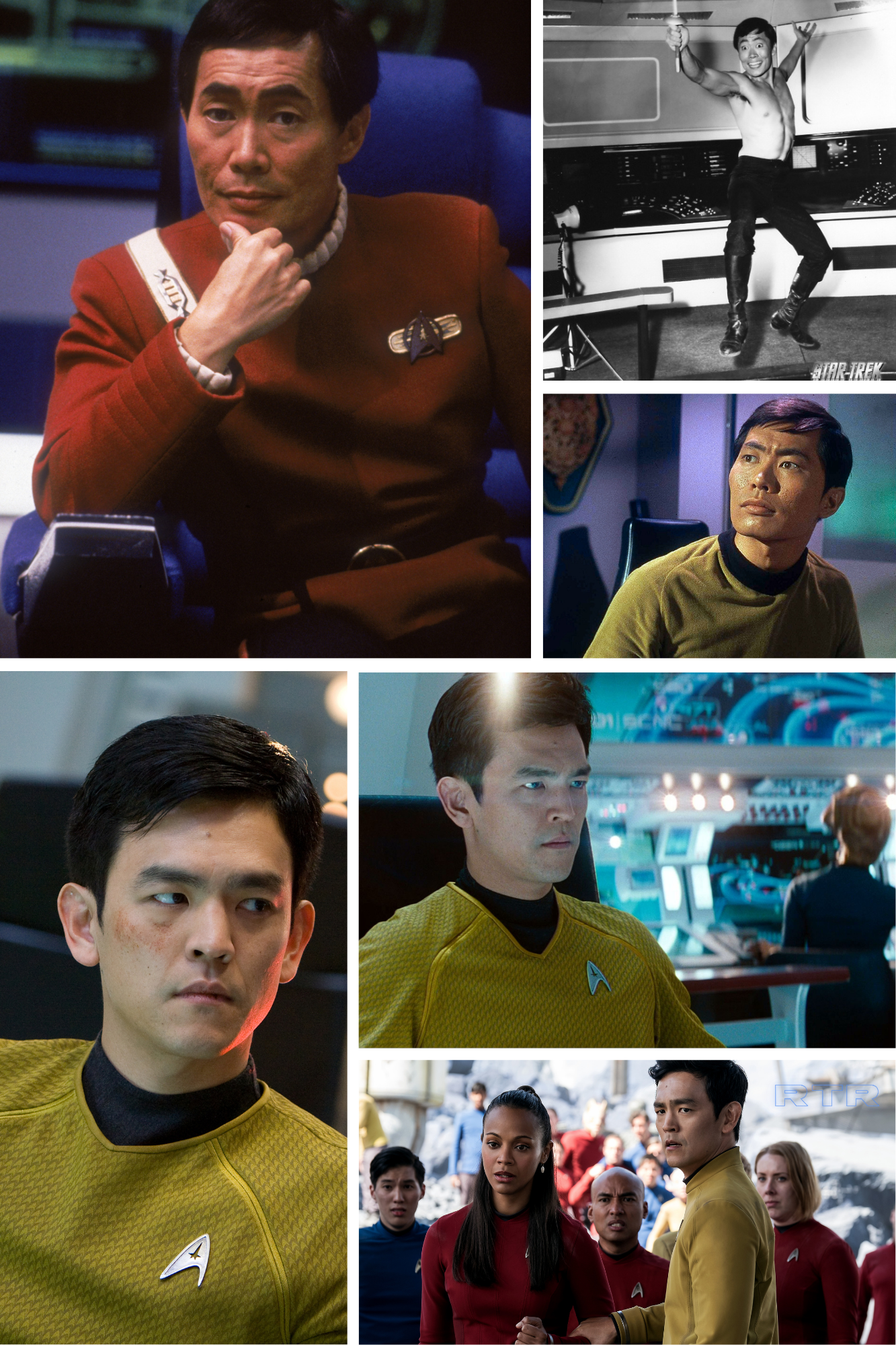 Upper three panels are images of George Takei as Captain Sulu in STAR TREK. Bottom three panels are images of John Cho as Lt. Sulu in the reboot movies. 