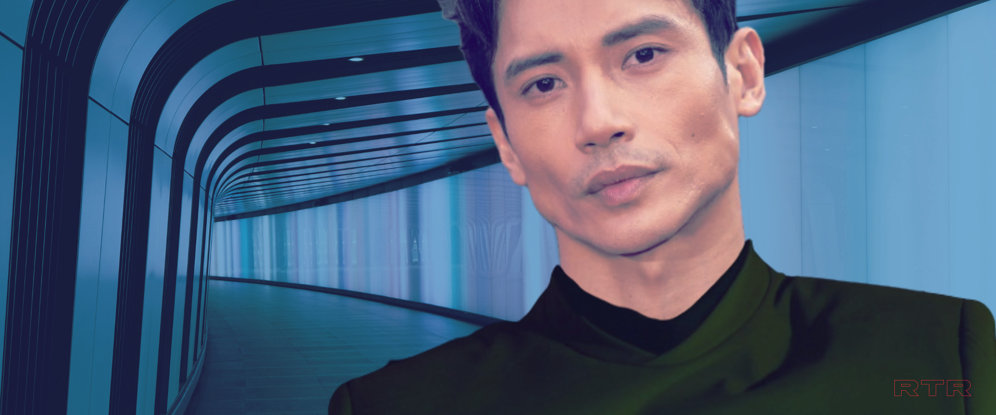 Manny Jacinto dreamcast as Tomas R. Cruz, in green uniform, standing in a futuristic corridor. 