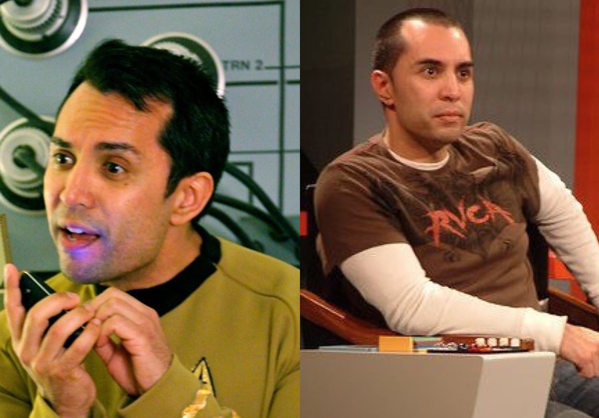 Left panel, Ryan in TOS uniform holding a communicator like Shatner. Right panel, Ryan in civies sitting in the Captain's Chair of the TOS bridge. 