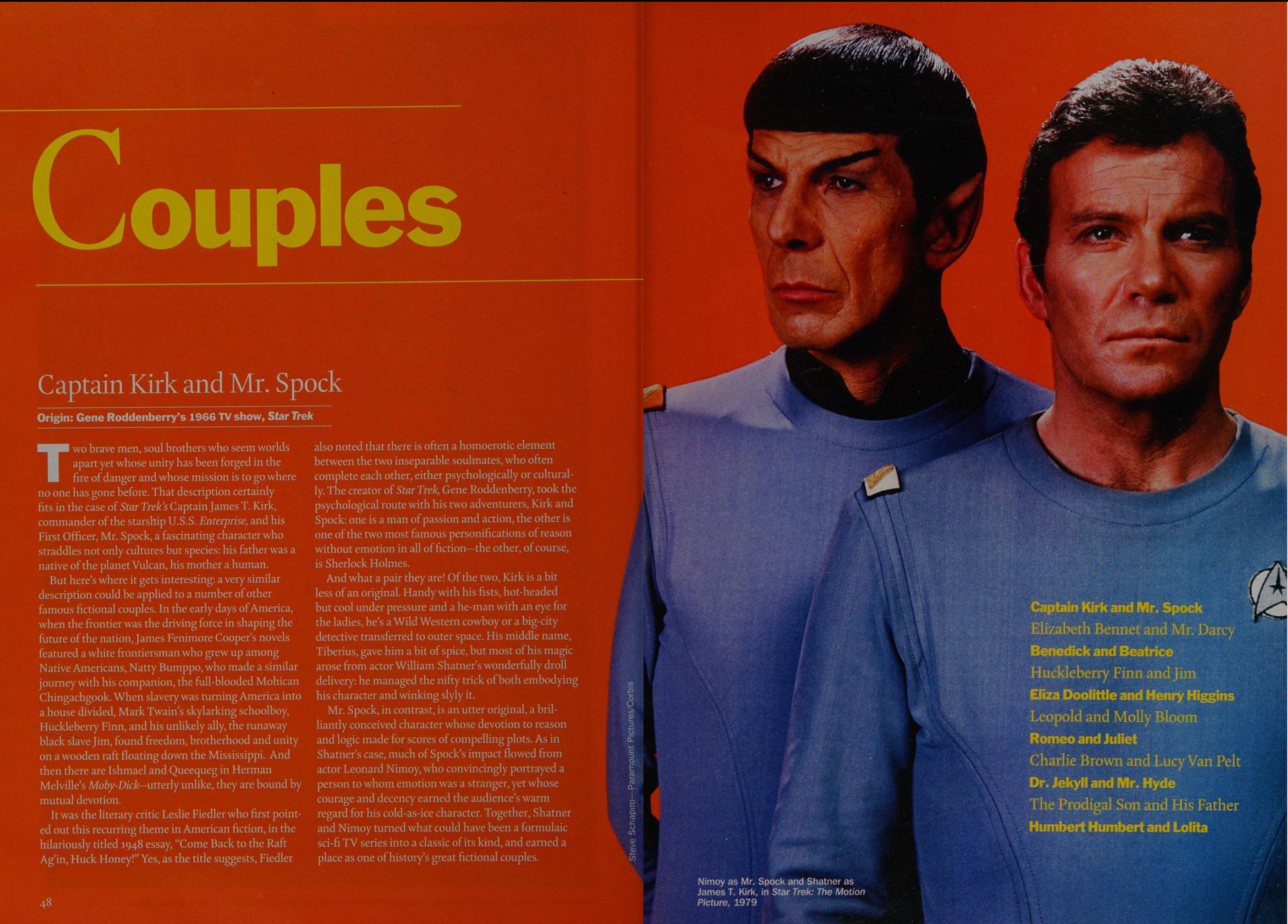 From TIME Magazine’s 100 Most Influential People Who Never Lived. The large headline is COUPLES. Subhead: Captain Kirk and Mr. Spock. It’s a two-spread feature in red with a photo of William Shatner and Mr. Spock from THE MOTION PICTURE. 