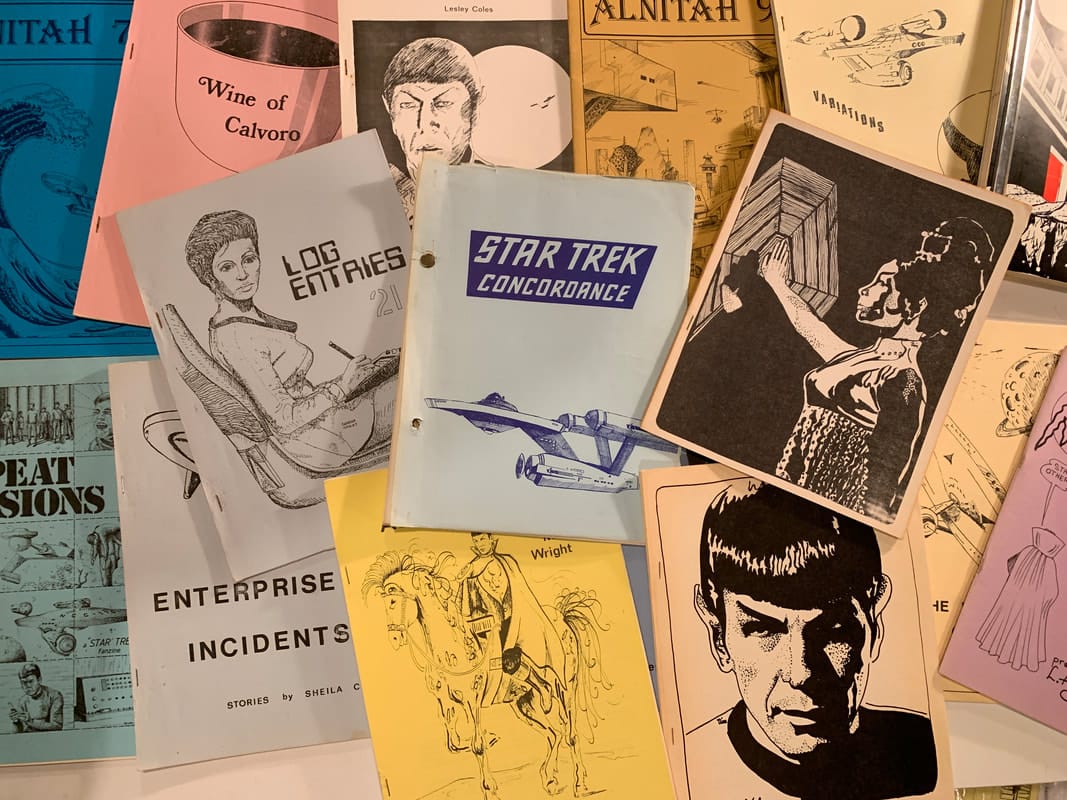 A pile of STAR TREK fanzines, all featuring cardstock covers with fan drawn interpretations of the characters, stapled and very handmade. 