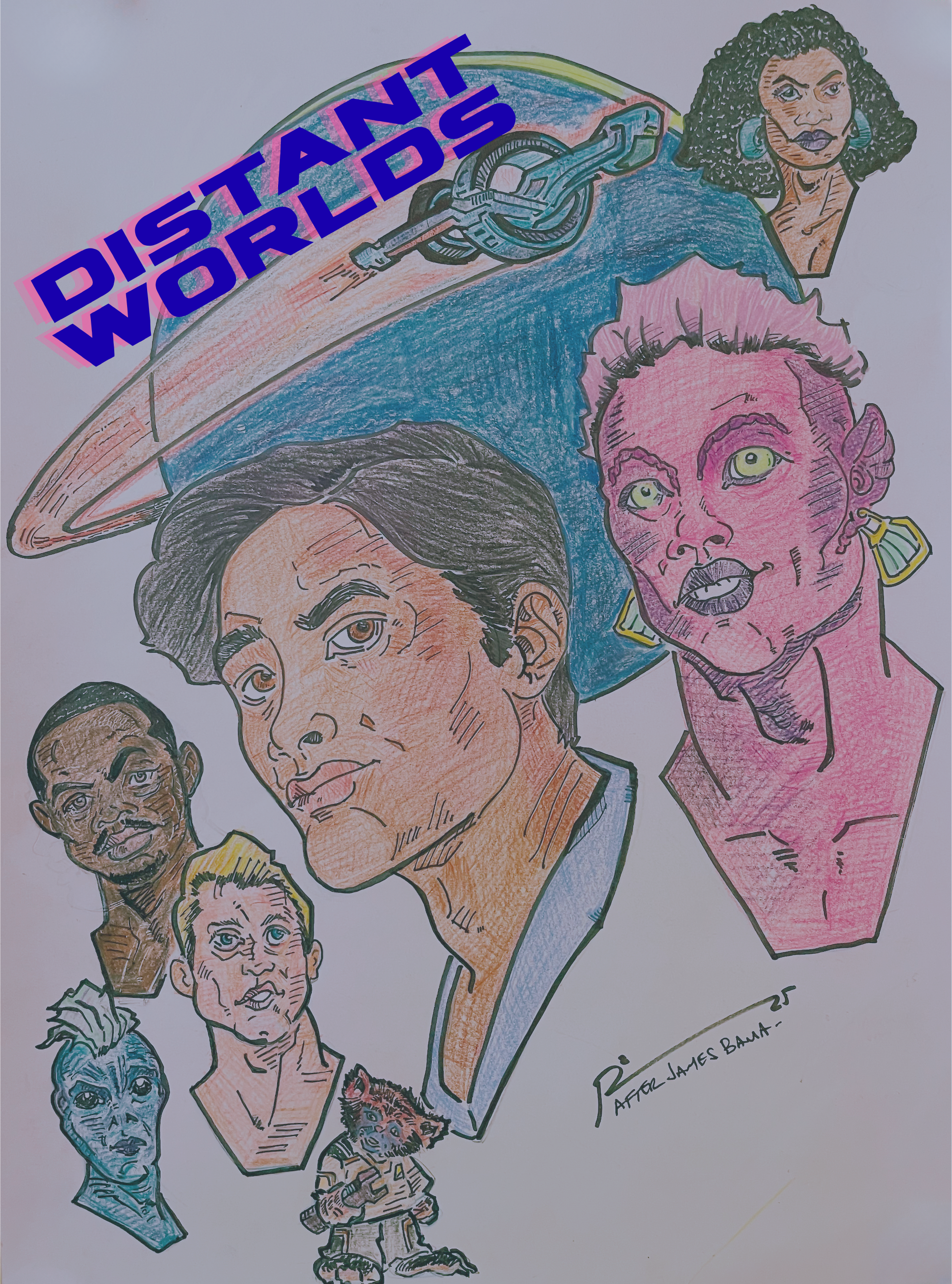 Image of a diverse space crew with their starship soaring over a planet. 