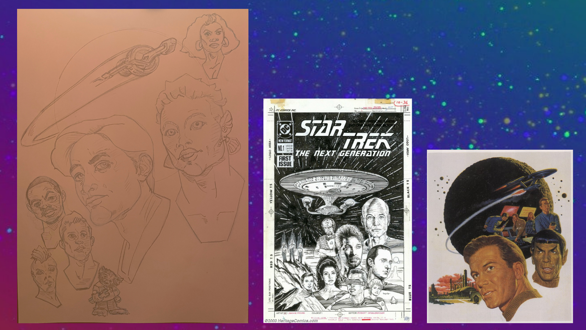 DISTANT WORLDS poster next to the cover of STAR TREK TNG DC Comics Vol. 2, issue one and James Bama's NBC promo art. 