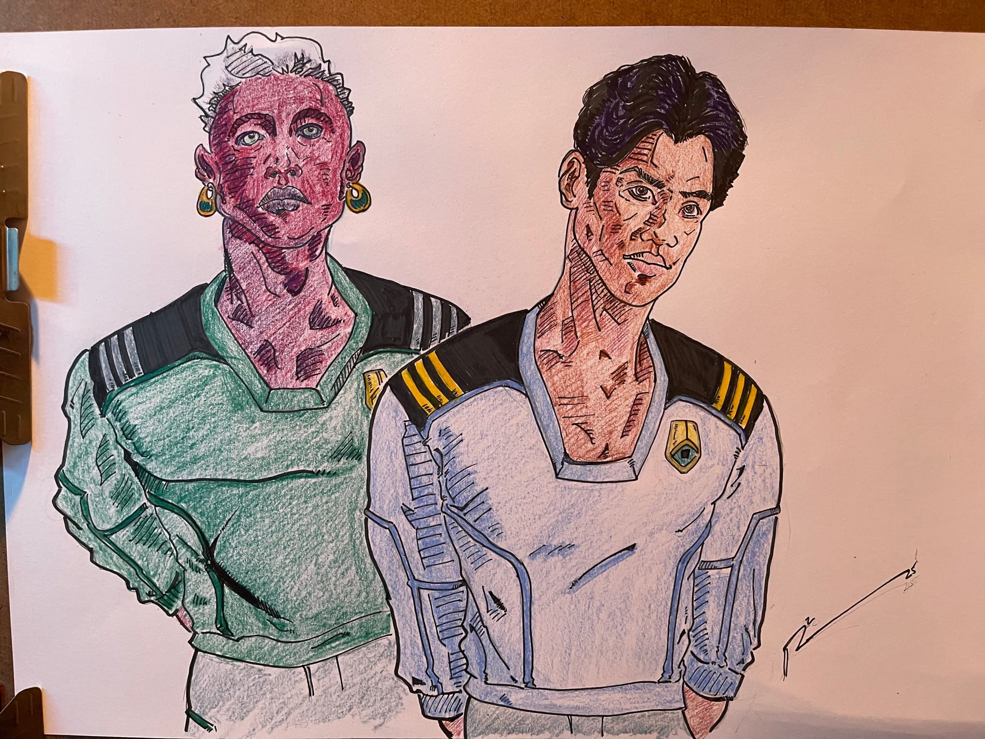 Ink and pencil sketch of my lead characters, Xahn and Tomas R. Cruz