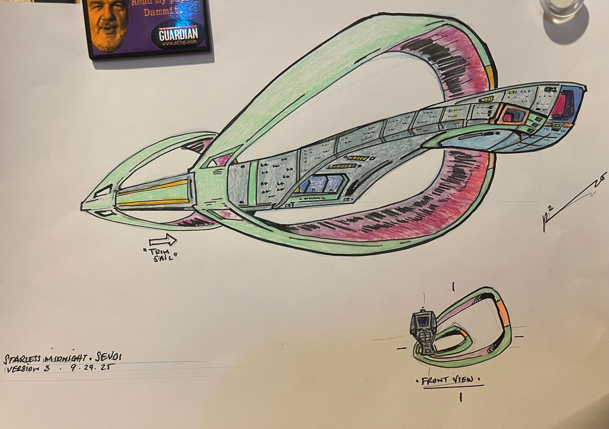 A starship concept sketch in ink and colored pencil. A long body with a snake head and massive loop drive units. One large a midship and a smaller one aft. 