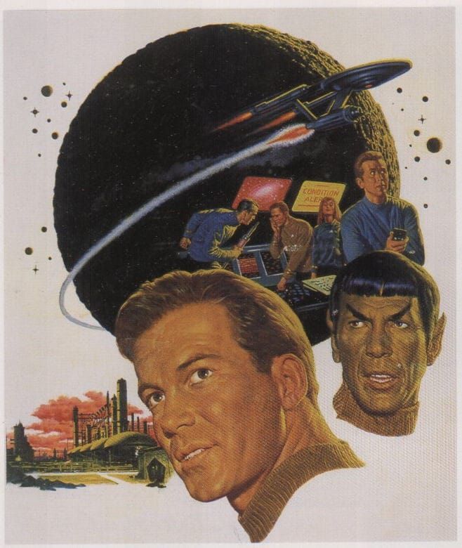 Captain Kirk and a very green Mr. Spock look ready for adventure with the starship crew in action behind them as the Enterprise rockets across a planet. Art by James Bama. 