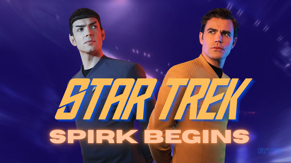 Kirk and Spock back to back with the blurred Enterprise in the background. The caption reads: STAR TREK SPIRK BEGINS.