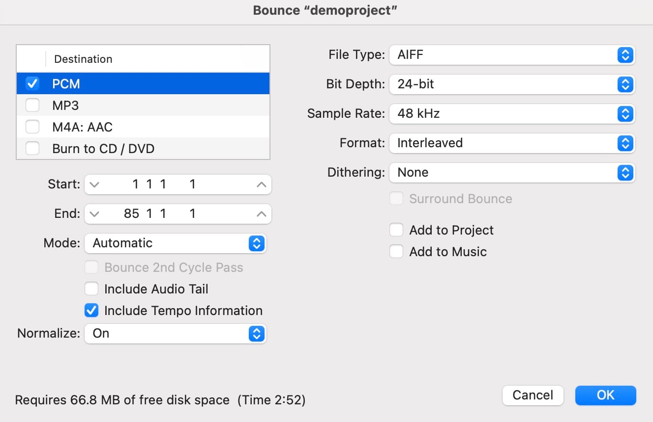 PCM export options in Logic Pro