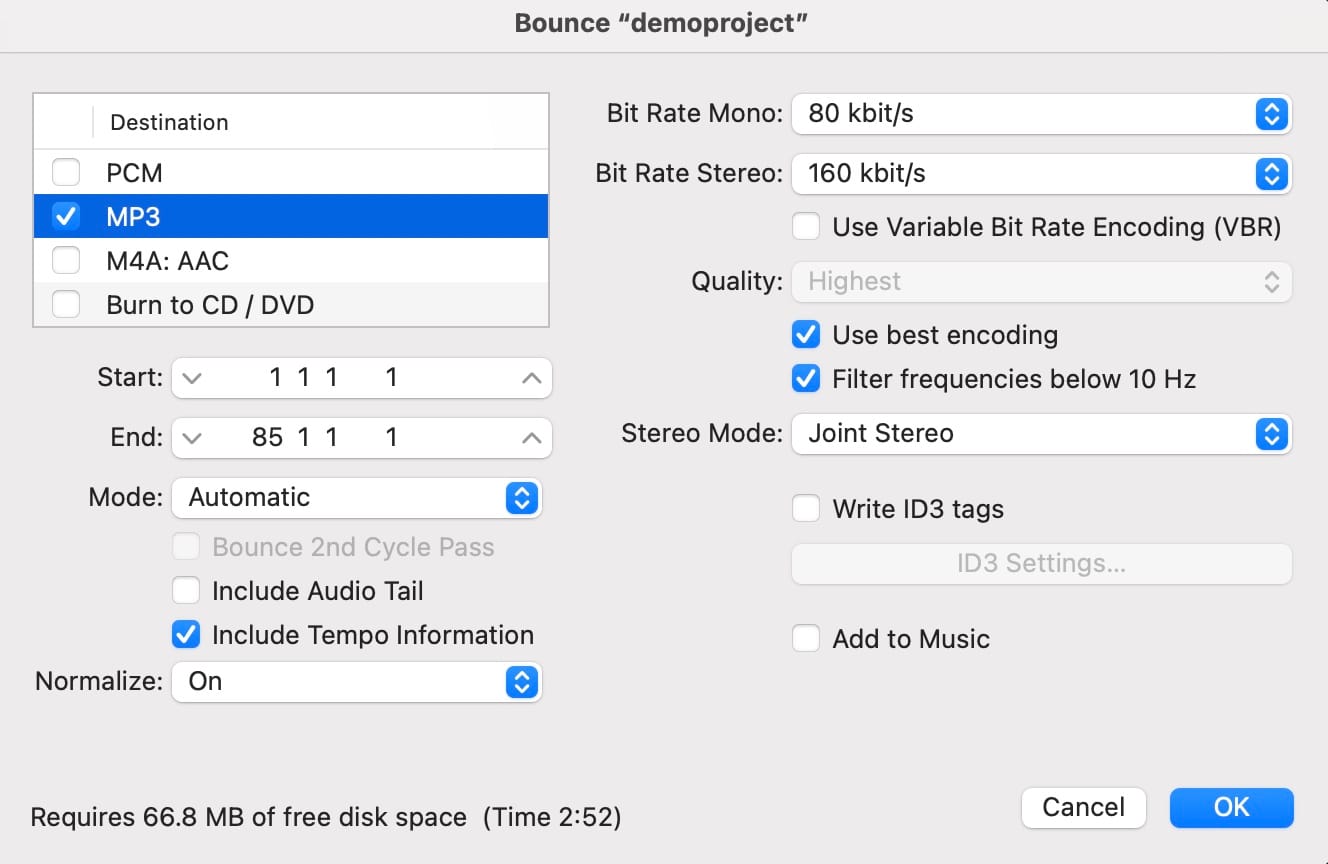 MP3 export options in Logic Pro