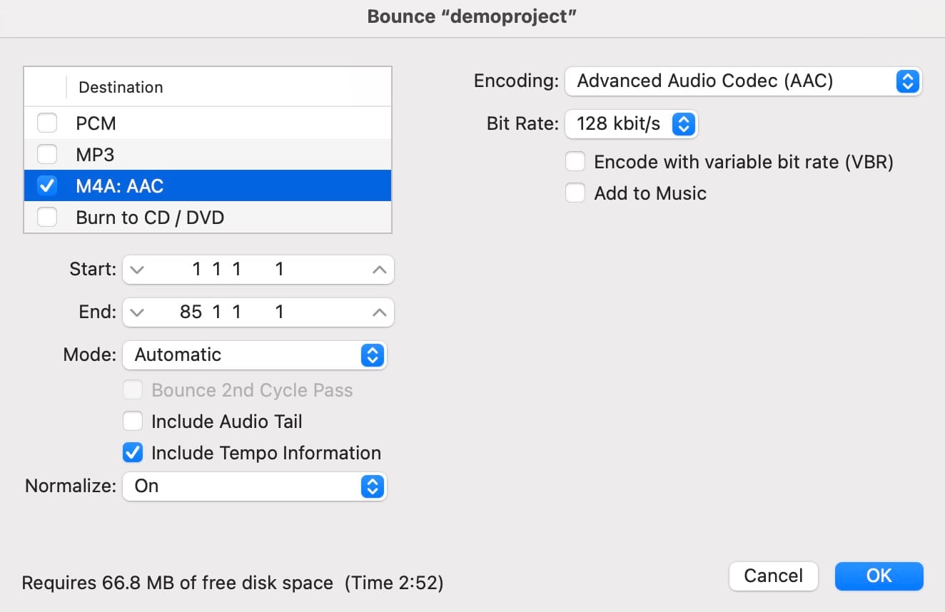 MP4A export options in Logic Pro