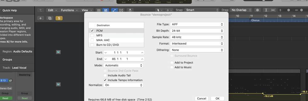 Bounce settings for exporting a song in Logic Pro