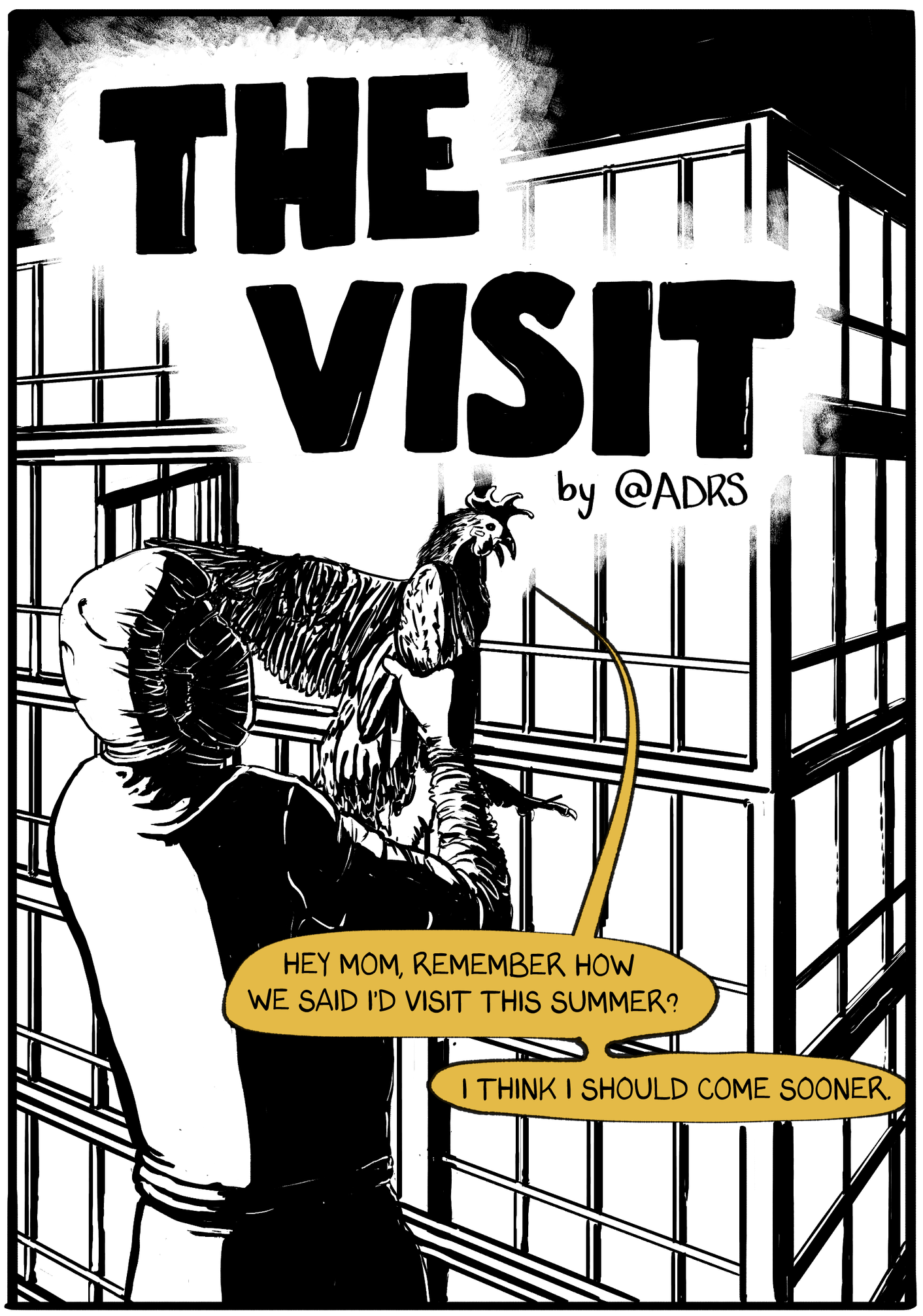 A human wearing PPE, including a face mask, is holding a chicken up in front of some cages. The chicken says "Hey mom, remember how we said I'd visit this summer? I think I should come sooner."