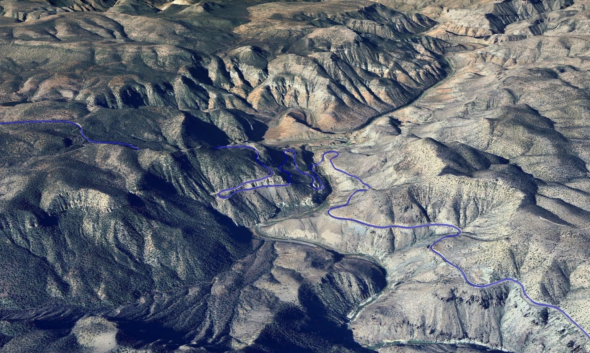A 3D view from Google Maps showing the twisty road through the canyon