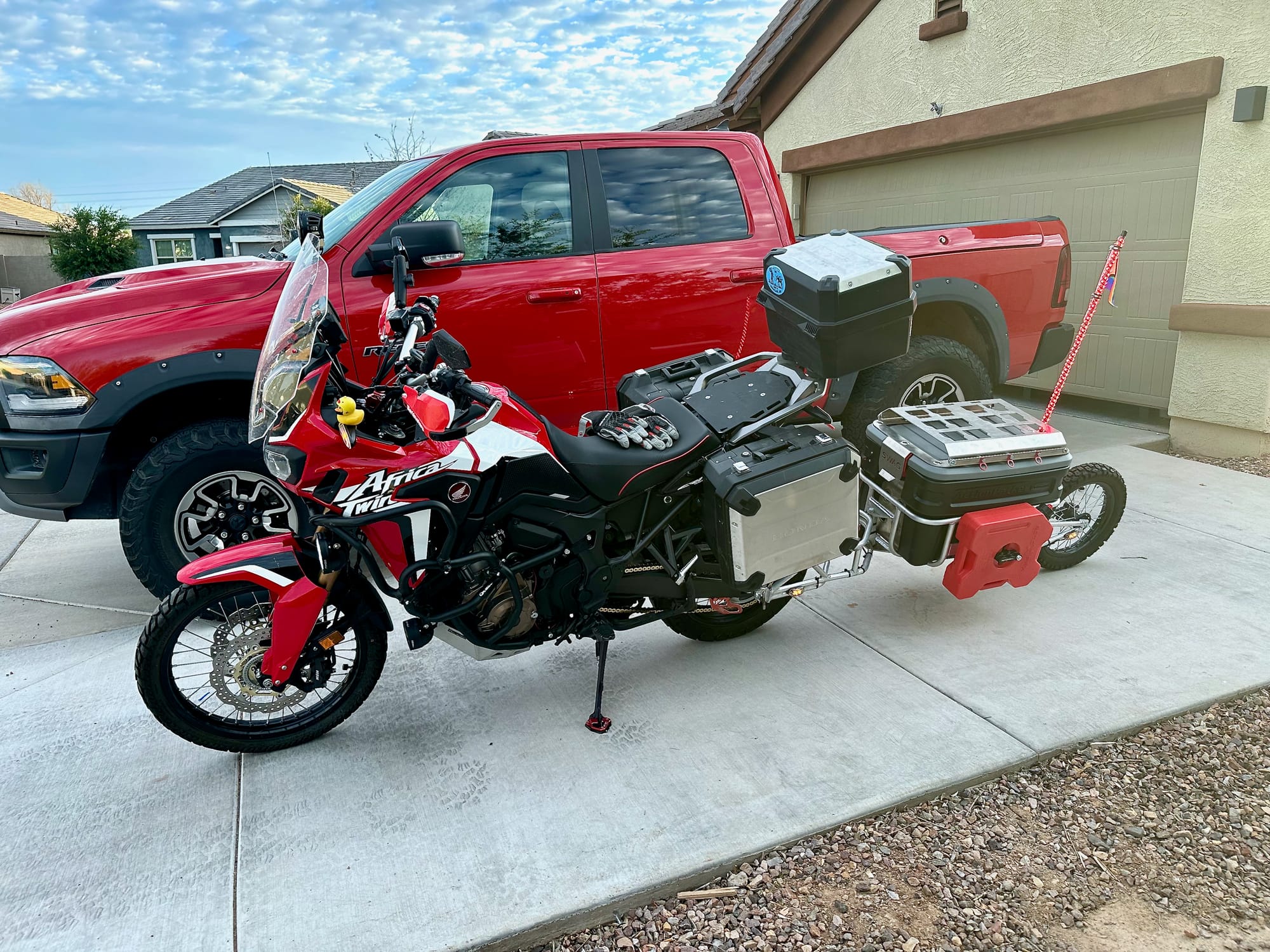 My motorcycle, packed and ready to go, parked in my driveway