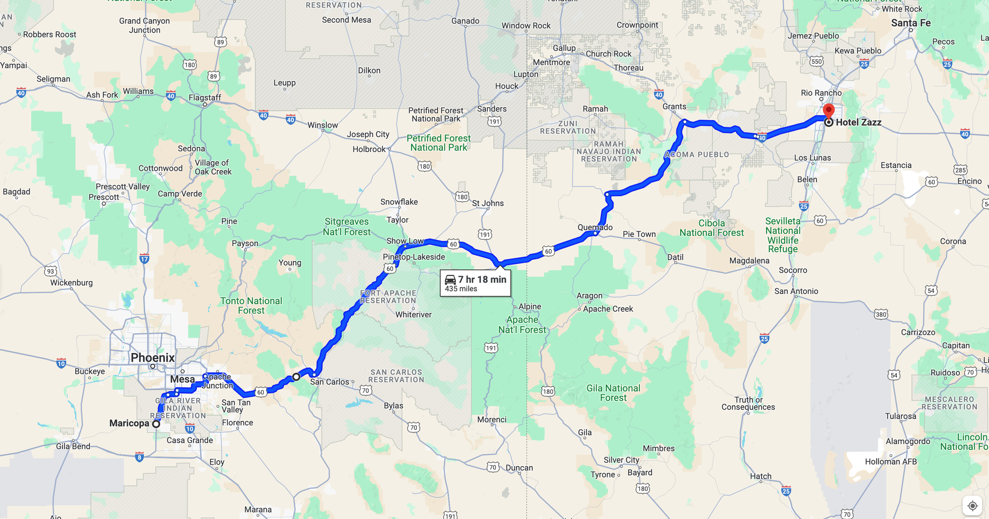 A map showing my planned route from Arizona to New Mexico