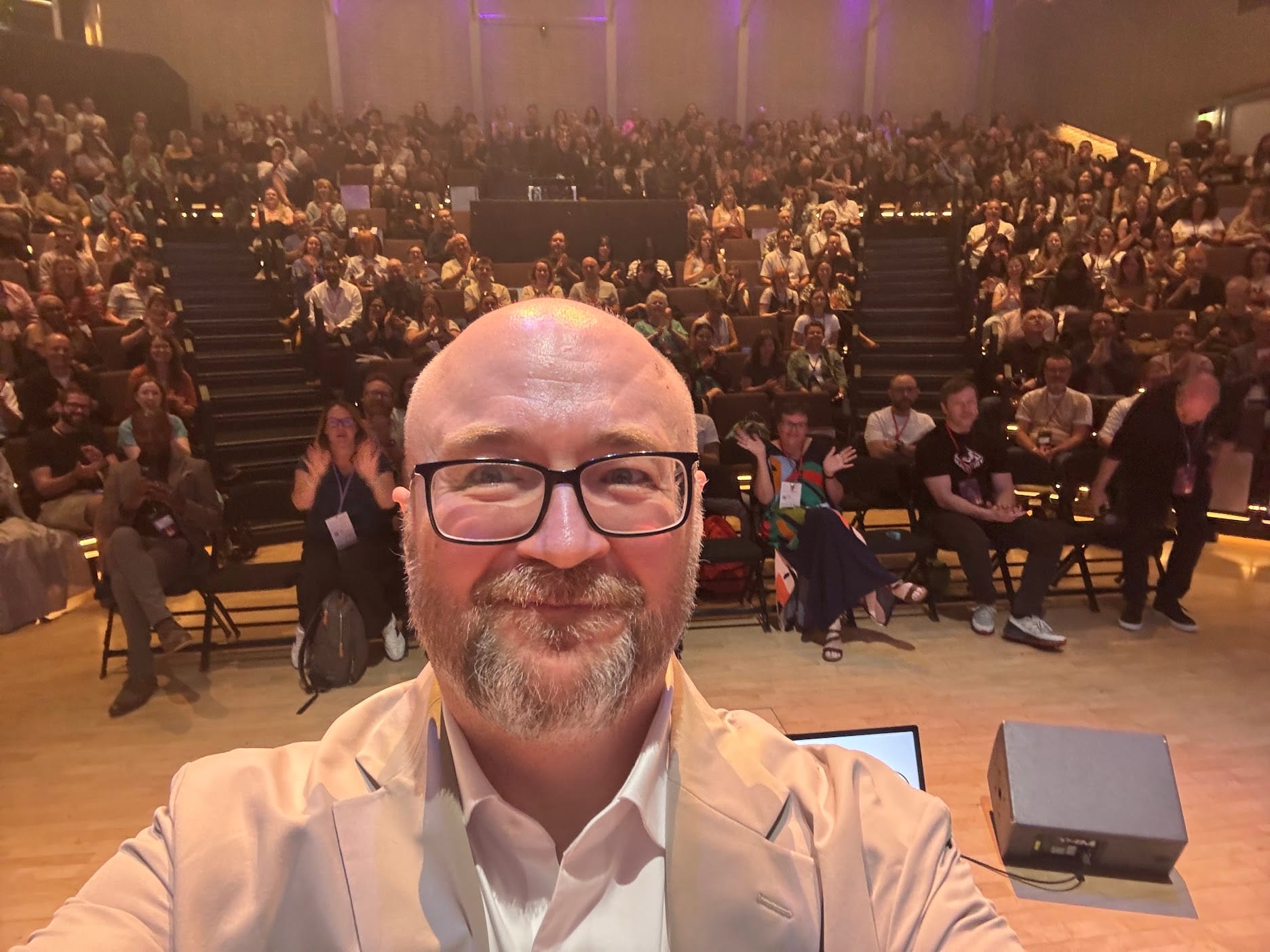 selfie of me in front of the audience at the Royal Northern College of Music for CampDigital
