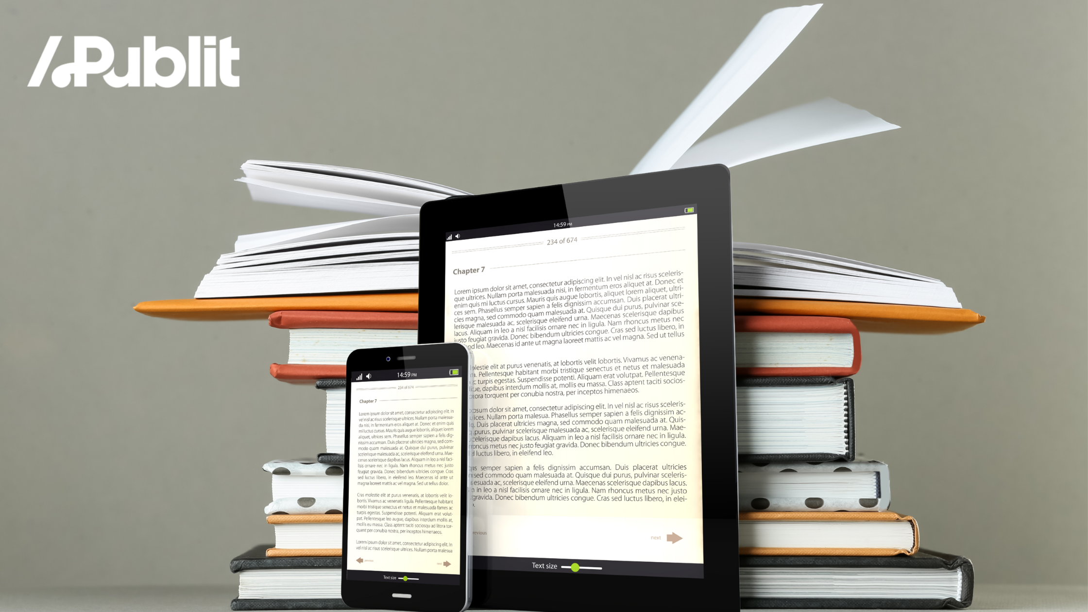 Bild på fysiska böcker och en läsplatta med text.