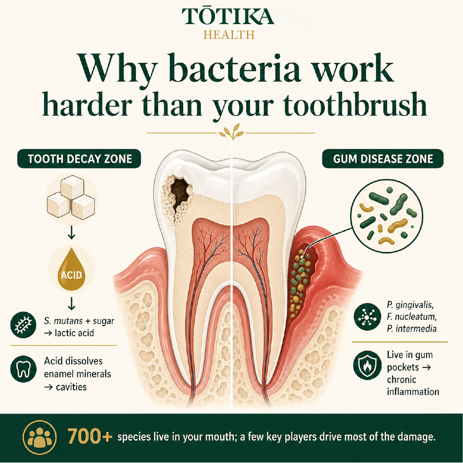 Totika Health infographic: tooth decay zone showing S. mutans plus sugar producing lactic acid dissolving enamel minerals, and gum disease zone showing P. gingivalis F. nucleatum P. intermedia causing chronic inflammation in gum pockets