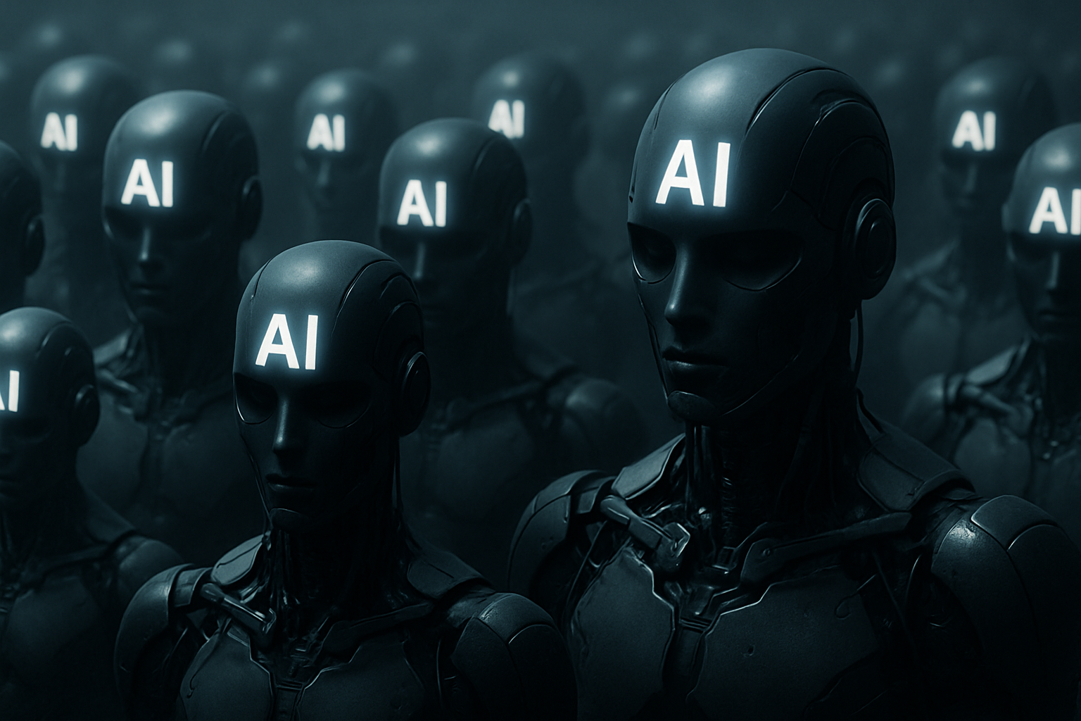 AI robots in formation in high-resolution depicting synchronized artificial intelligence units, symbolizing technological precision, futuristic coordination, and machine-driven order
