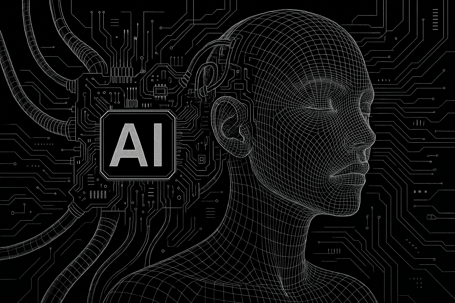 AI circuitry integrated into a human head symbolizing the merger of biological intelligence with machine systems, neural augmentation, and the evolution of human-AI consciousness