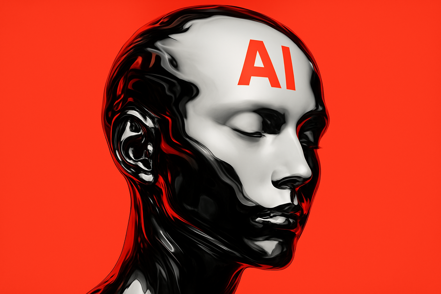 AI conceptual art with a red color scheme symbolizing intensity, technological power, and bold interpretations of artificial intelligence and digital identity